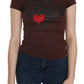 Chic Brown Hearts Print Crew Neck Blouse