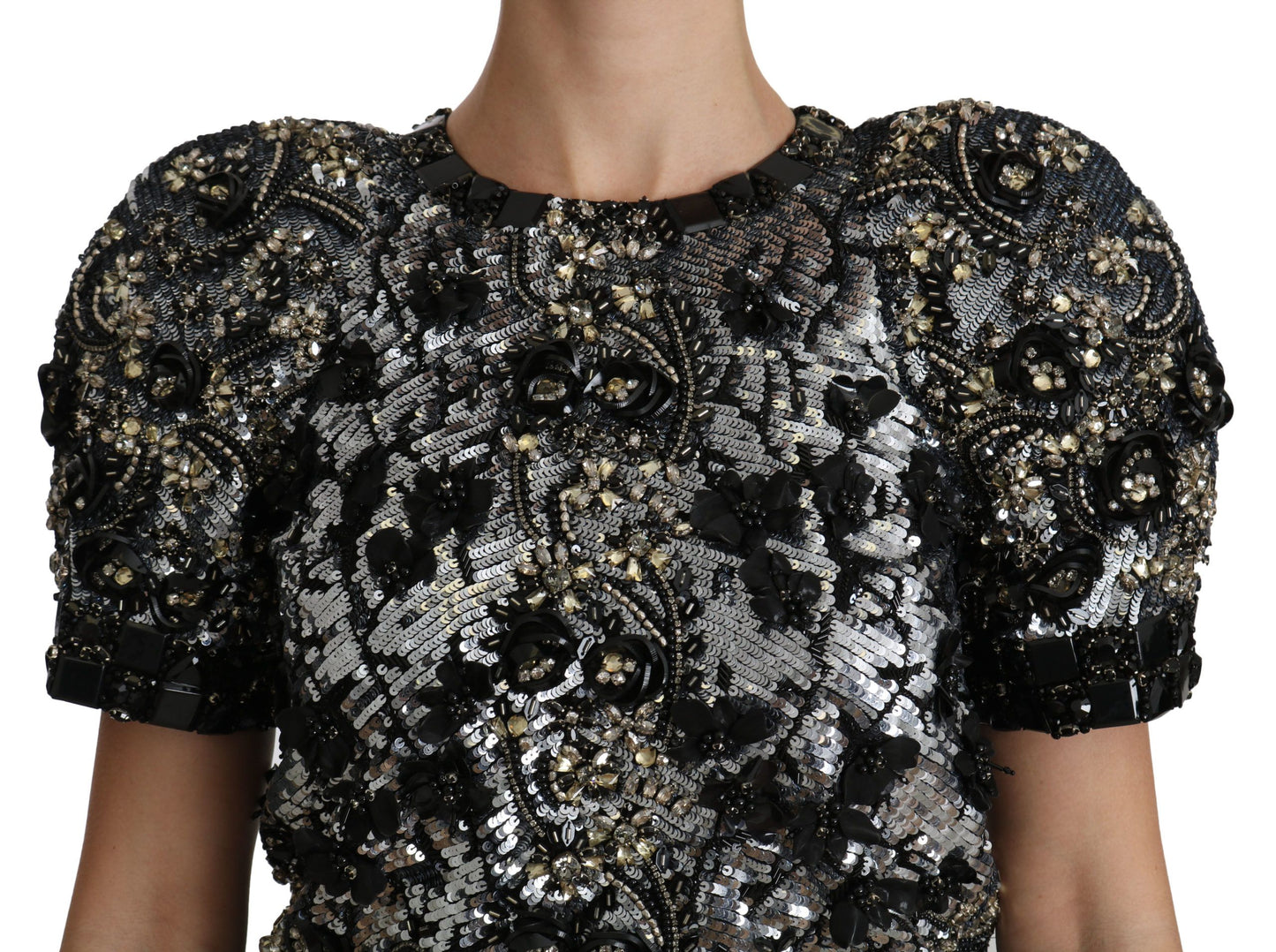 Sequined Crystal Embellished Crew Neck Top