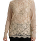 Elegant Beige Lace Crew Neck Cashmere Blouse