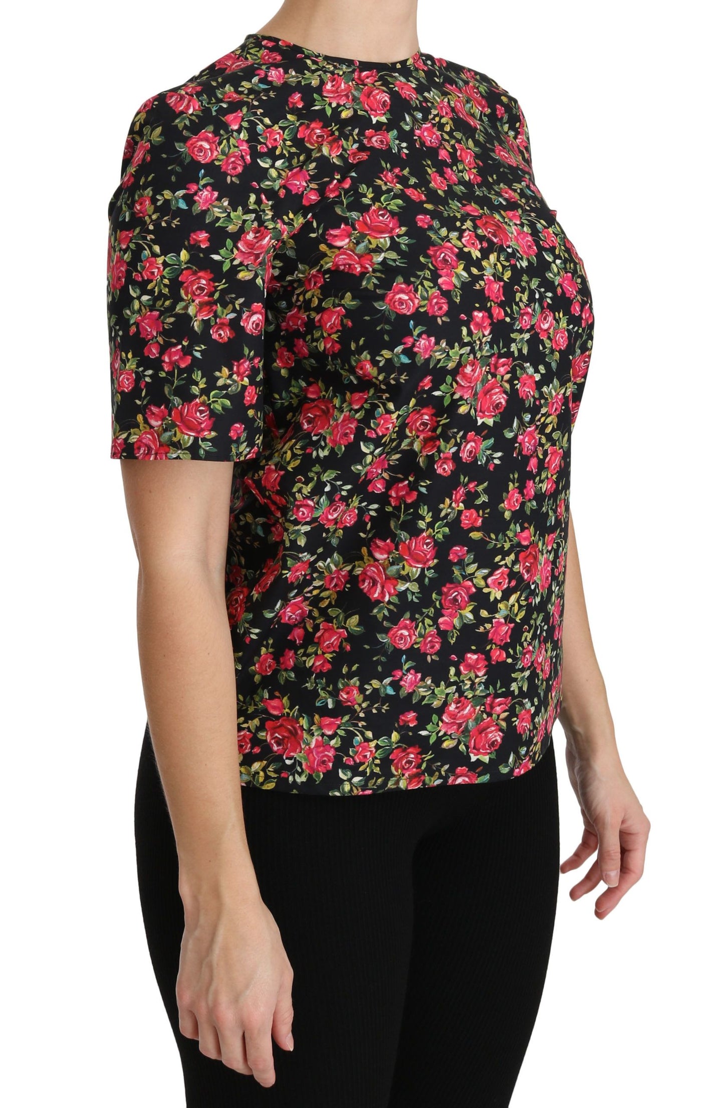 Elegant Black Floral Crew Neck Top