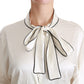 Elegant Beige Silk Blouse with Bow Scarf