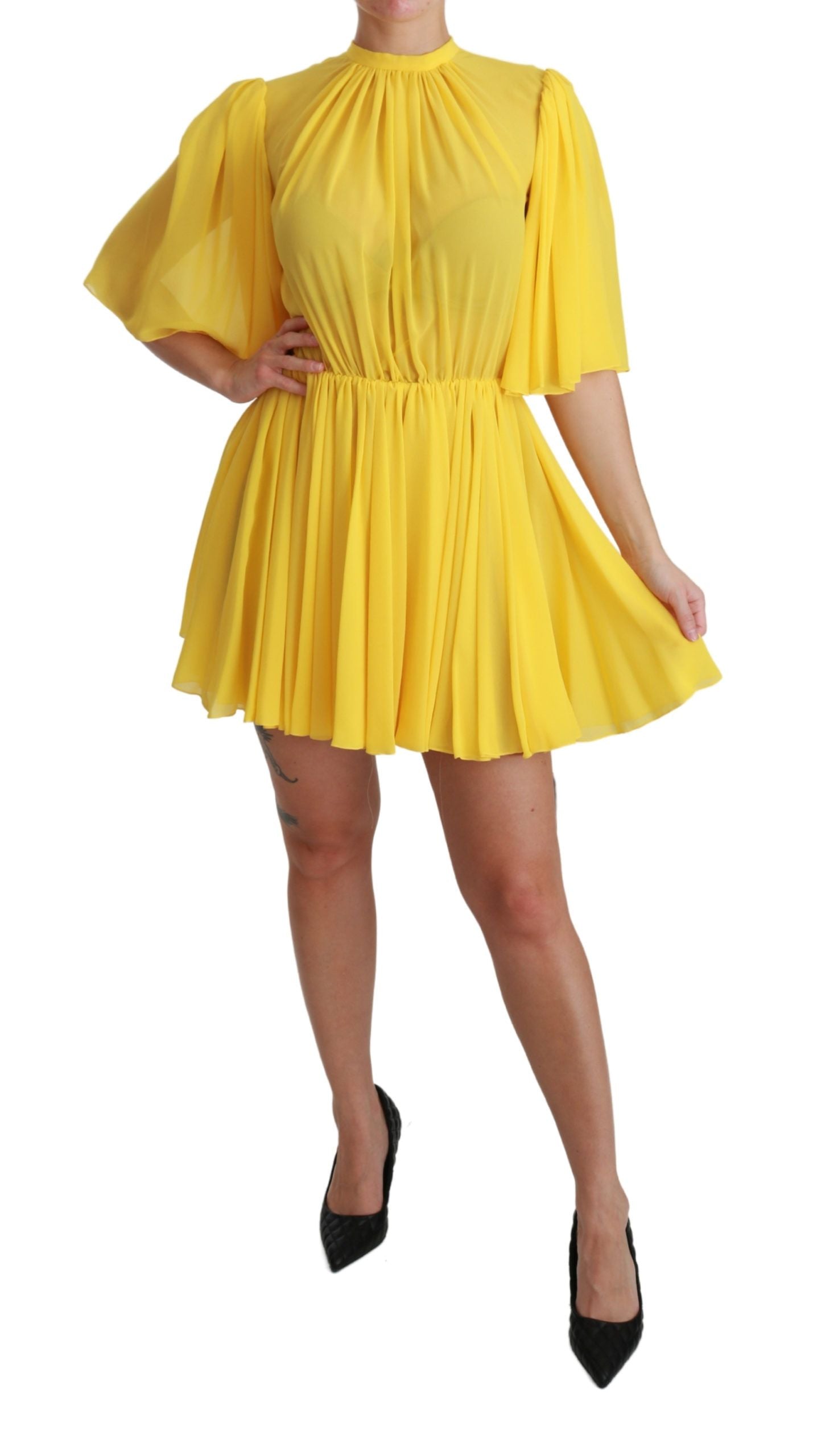 Silk Pleated A-line Mini Dress in Sunshine Yellow