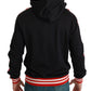 Elegant Black Hooded Sweater with Multicolor Motif