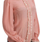 Elegant Pink Lace Silk Blouse with Gold Sequins