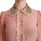 Elegant Pink Lace Silk Blouse with Gold Sequins