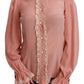 Elegant Pink Lace Silk Blouse with Gold Sequins