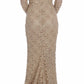 Beige Floral Lace Long Sleeve Maxi Dress