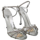 Silver Leather Ankle Strap Sandals with Crystals