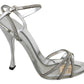 Silver Leather Ankle Strap Sandals with Crystals