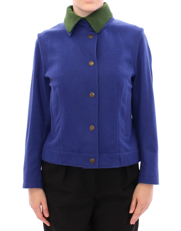 Elegant Blue Wool Jacket with Removable Collar