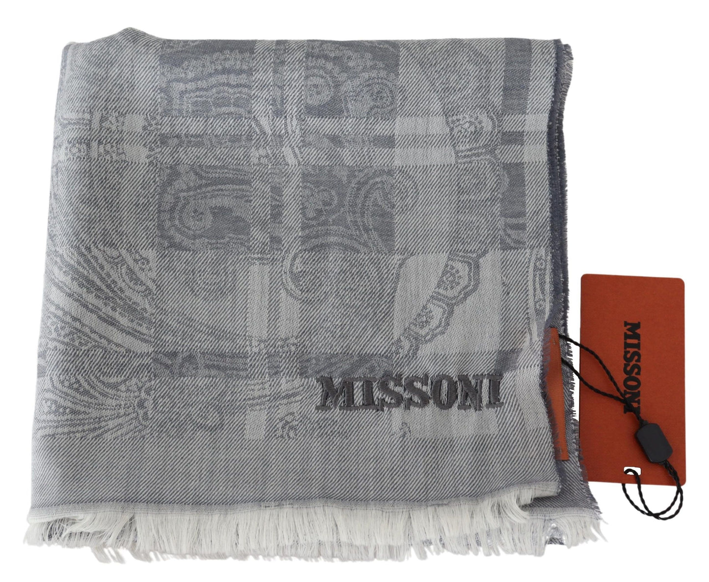 Chic Unisex Gray Wool Scarf with Logo Embroidery