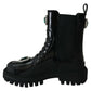 Elegant Black Leather Combat Boots with Crystal Detail