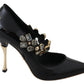 Elegant Black Leather Crystal Pumps