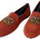 Opulent Orange Leather Loafers with Gold Embroidery