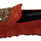 Opulent Orange Leather Loafers with Gold Embroidery