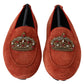 Opulent Orange Leather Loafers with Gold Embroidery