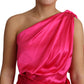 Elegant Fuchsia Silk One-Shoulder Wrap Dress