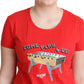 Chic Red Cotton Tee with Playful Print