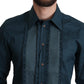 Elegant Blue Ruffled Tuxedo Shirt