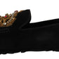 Elegant Black Leather Loafer Slides with Gold Embroidery