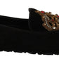 Elegant Black Leather Loafer Slides with Gold Embroidery