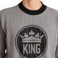 Elegant Gray Crown Motif Crewneck Sweater