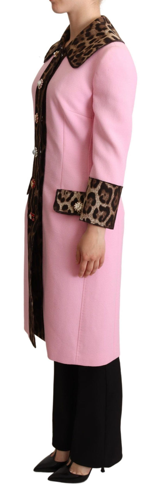 Chic Pink Leopard Trench with Crystal Buttons