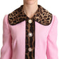 Chic Pink Leopard Trench with Crystal Buttons