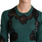 Elegant Green Pullover with Black Lace Detail