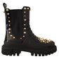 Studded Leather Combat Boots with Embroidery