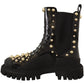 Studded Leather Combat Boots with Embroidery