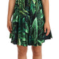 Elegant Flared Mini A-Line Dress in Green Leaf Print