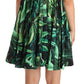 Elegant Flared Mini A-Line Dress in Green Leaf Print