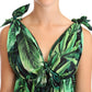 Elegant Flared Mini A-Line Dress in Green Leaf Print