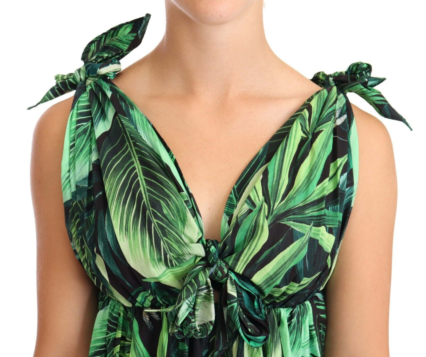 Elegant Flared Mini A-Line Dress in Green Leaf Print