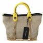 Beige Linen-Calf Tote with Gold Chain