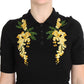 Elegant Black Silk Floral Polo Top