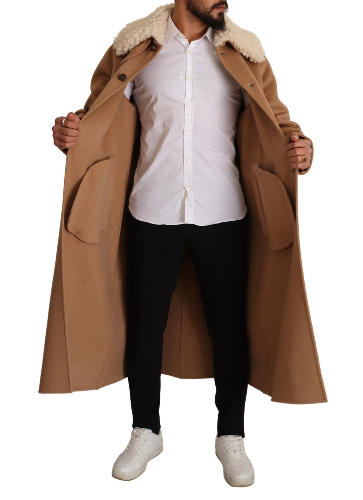 Opulent Beige Shearling-Collar Overcoat