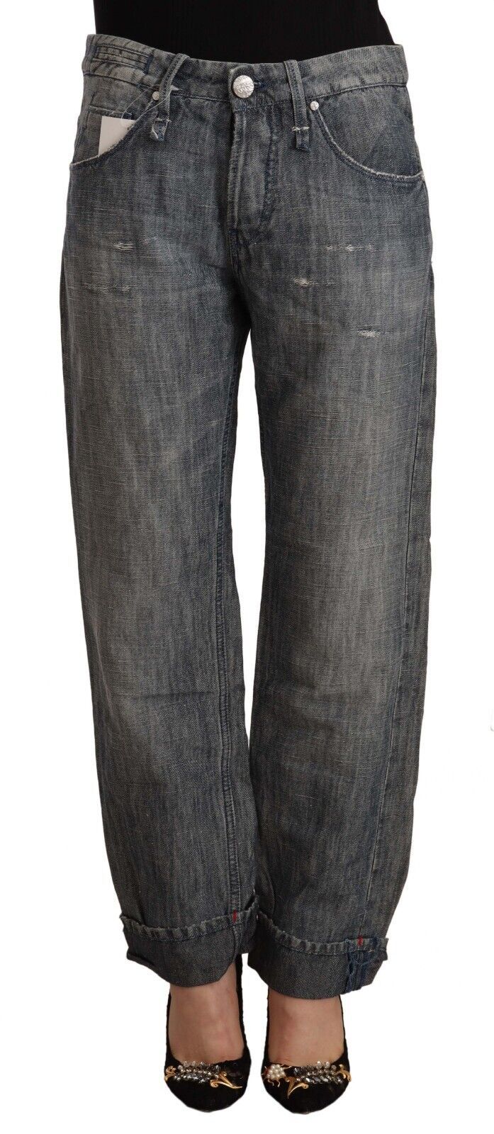 Chic Gray Straight Cut Ramie-Cotton Jeans