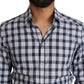 Elegant Blue & White Checkered Slim Fit Dress Shirt