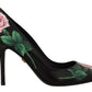 Elegant Black Rose Print Leather Heels