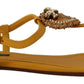 Mustard T-Strap Flat Sandals with Heart Embellishment