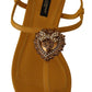 Mustard T-Strap Flat Sandals with Heart Embellishment