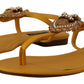 Mustard T-Strap Flat Sandals with Heart Embellishment