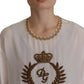 Elegant Silk Blouse with Gold Crown Embroidery