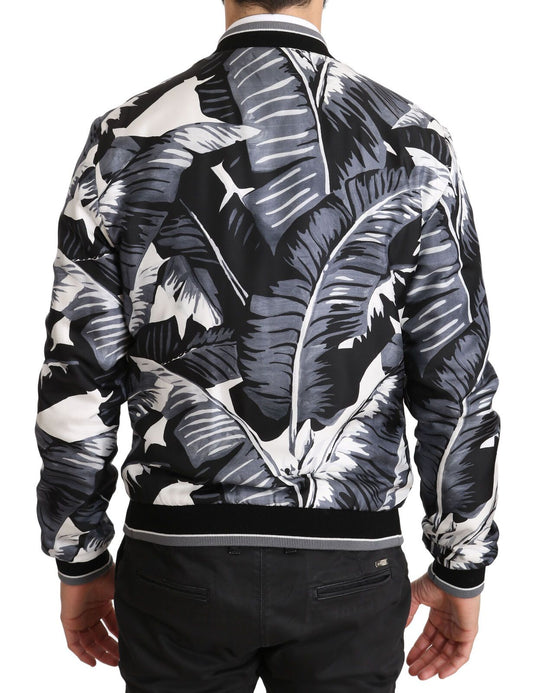 Elegant Banana Leaf Print Silk Bomber Jacket