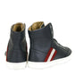 Dark Grey Calf Leather Hi Top Sneaker With Red Beige