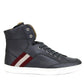 Dark Grey Calf Leather Hi Top Sneaker With Red Beige