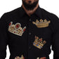 Elegant Black Slim Fit Dress Shirt with Crown Embroidery