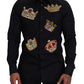 Elegant Black Slim Fit Dress Shirt with Crown Embroidery